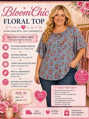 Bloom Chic Floral Top Size 26 Bust 30” Length 33.5”